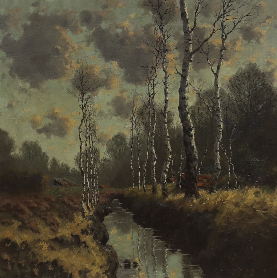Karl Schaette (1884-1951), oil on board, Birch trees in a winter landscape, signed, 78 x 78cm